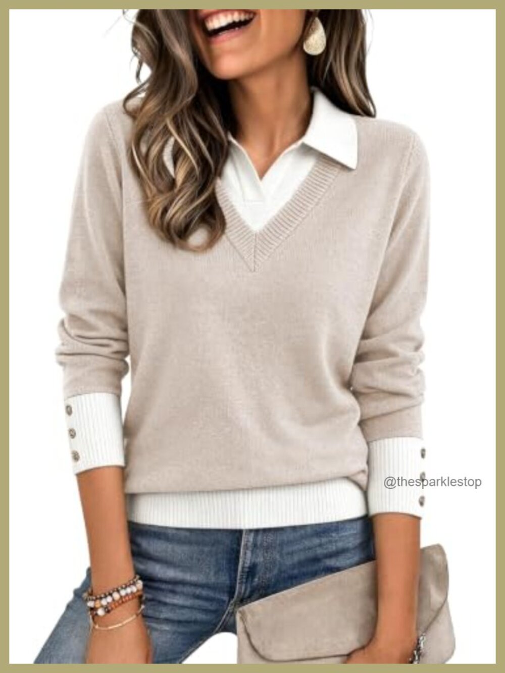 Disamer Womens V-Neck Polo Sweater Loose Knit Pullover Golf Shirt